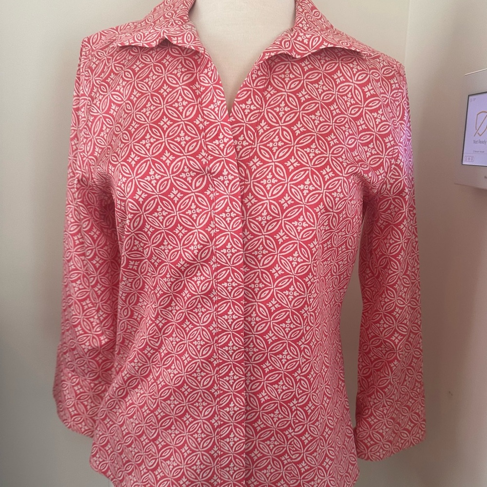 Talbots Salmon and White 3/4 Sleeve Button Down Shirt
